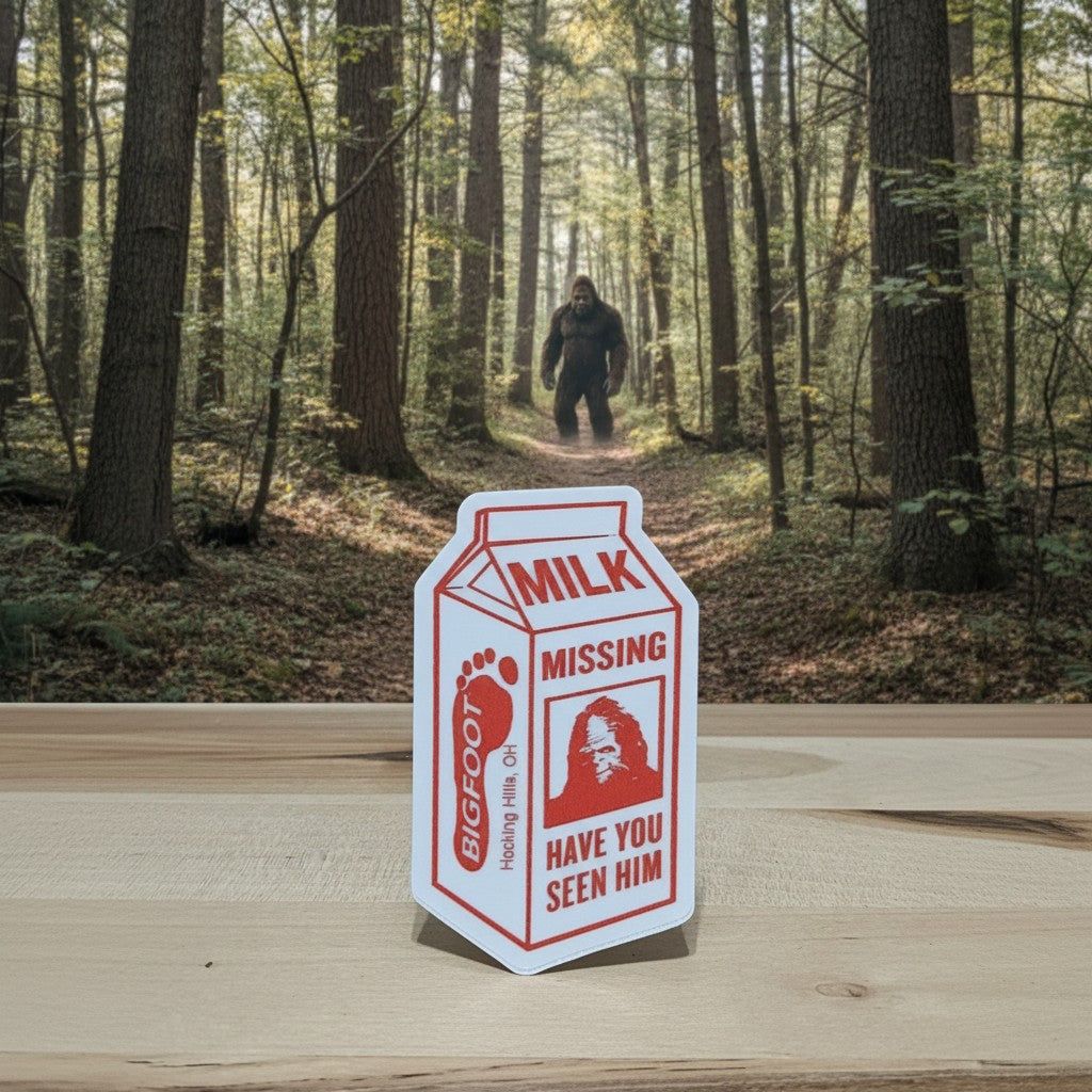 The Hocking Hills Store Bigfoot Missing milk carton sticker with red text and Bigfoot image.