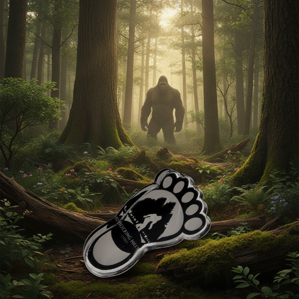 The Hocking Hills Store Bigfoot footprint pin, black and silver, with Hocking Hills Ohio text.