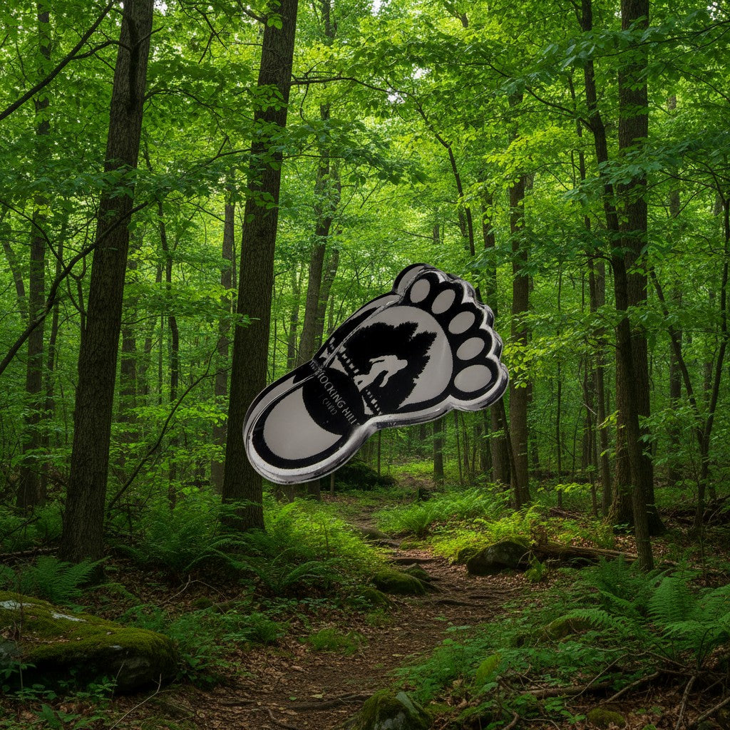 The Hocking Hills Store Bigfoot footprint pin, a quirky collectible with 'Hocking Hills Ohio' text.