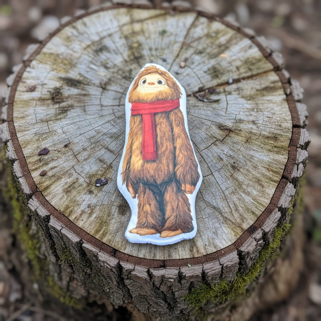 The Hocking Hills Store Small Bobby The Bigfoot plush toy wearing a red scarf. Soft, brown, furry character for imaginative play.
