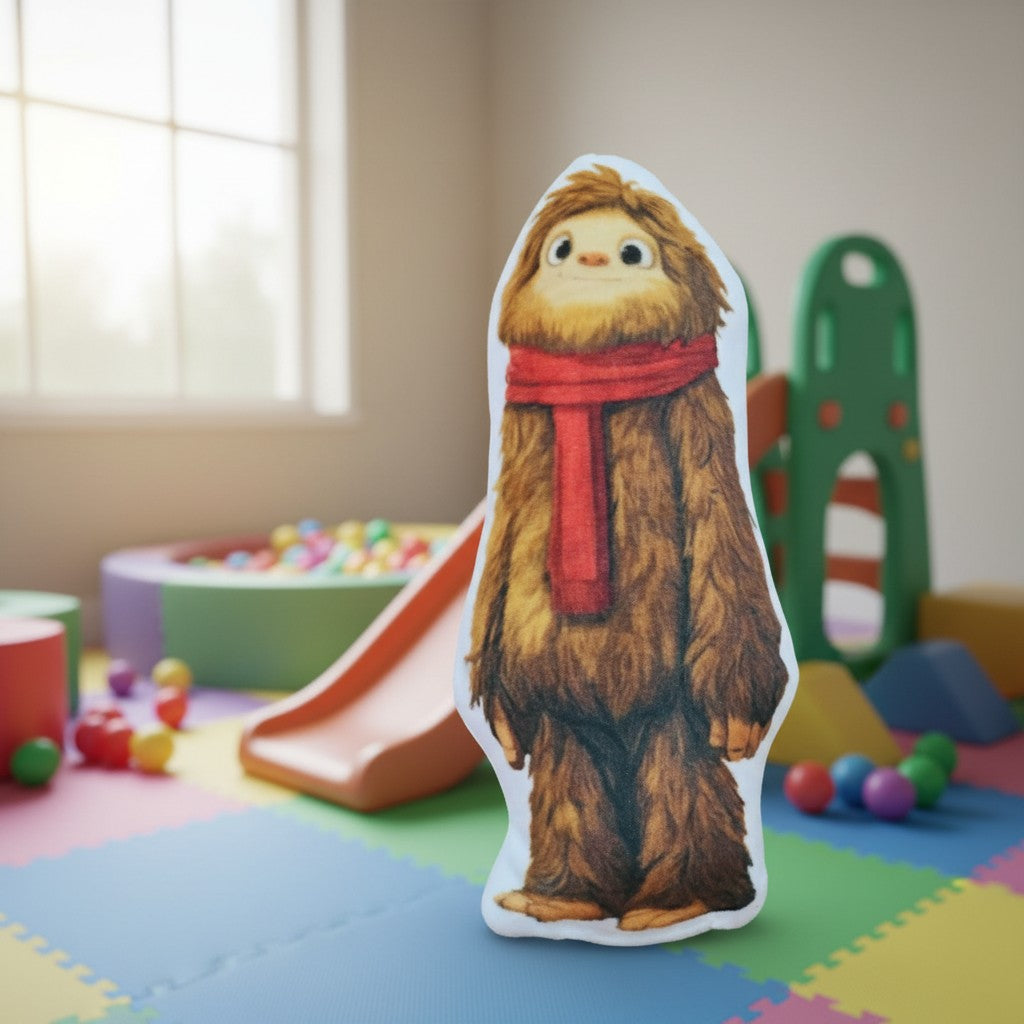 The Hocking Hills Store Small Bobby The Bigfoot plush toy wearing a red scarf. Soft, brown, furry, and designed for imaginative play.