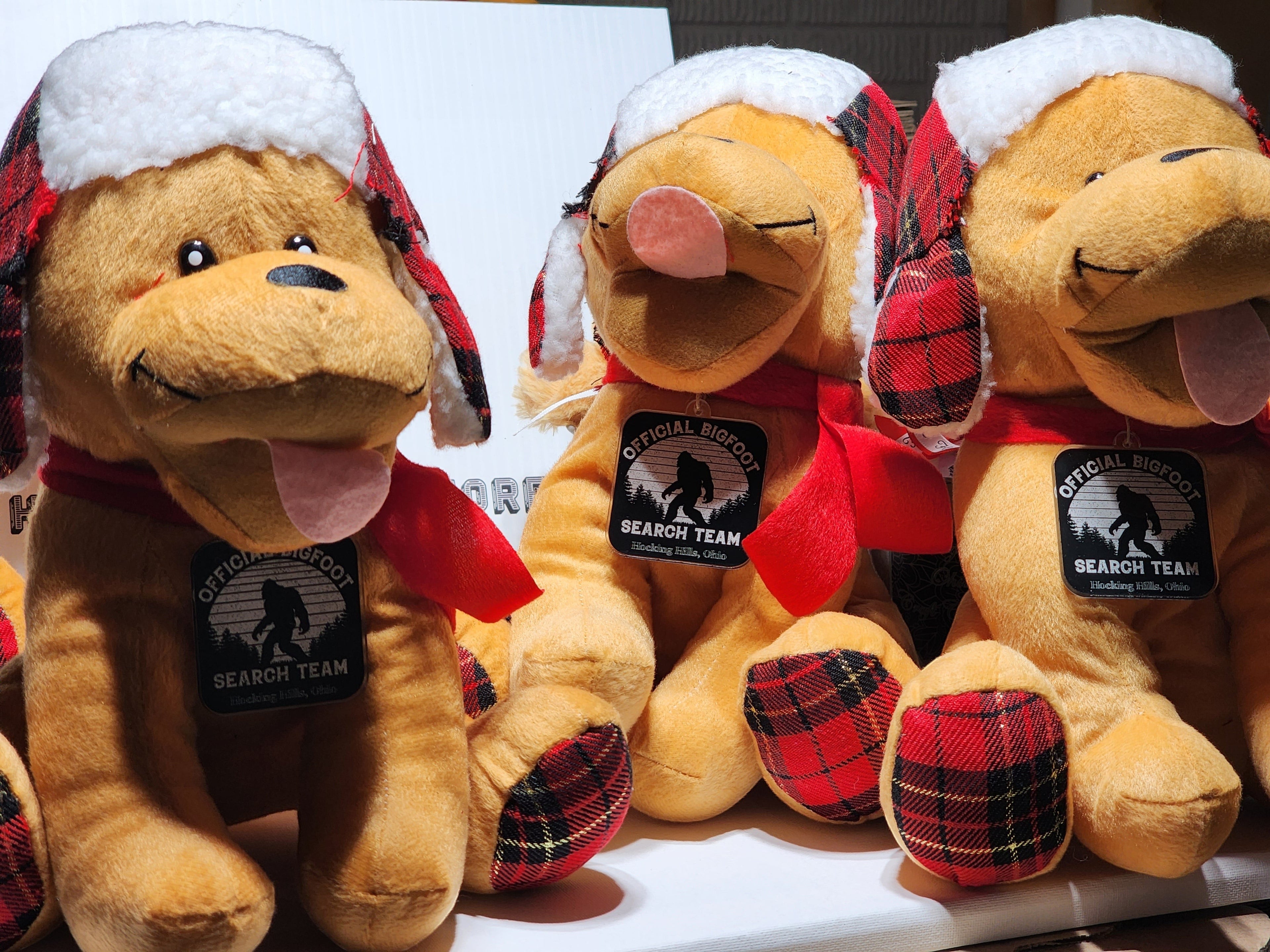 The Hocking Hills Store Bigfoot Search Team stuffed puppy wearing a red scarf, plaid hat, and plaid tie. Features a Bigfoot logo tag.