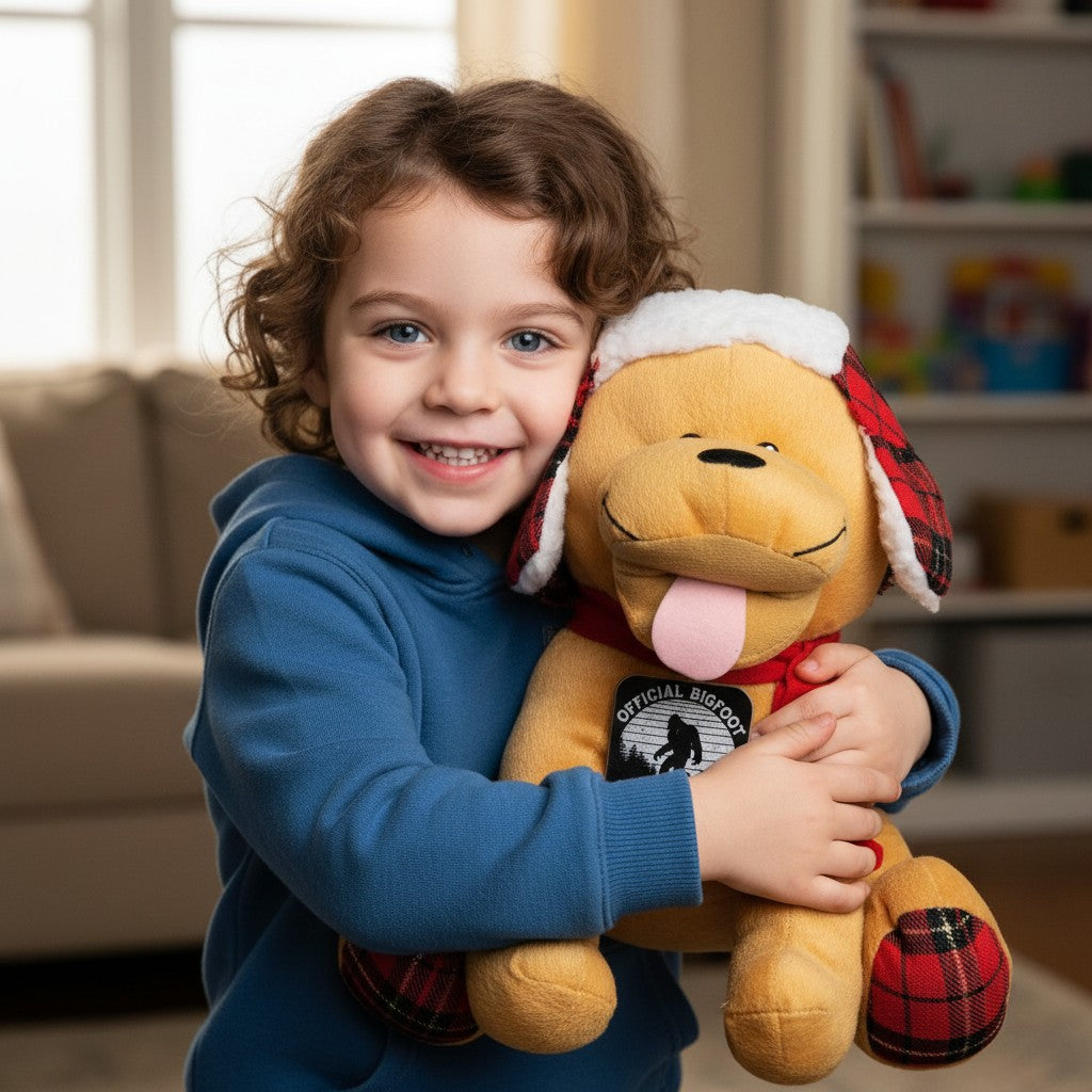 The Hocking Hills Store Bigfoot Search Team puppy plush toy with red scarf, hat, and plaid accents.