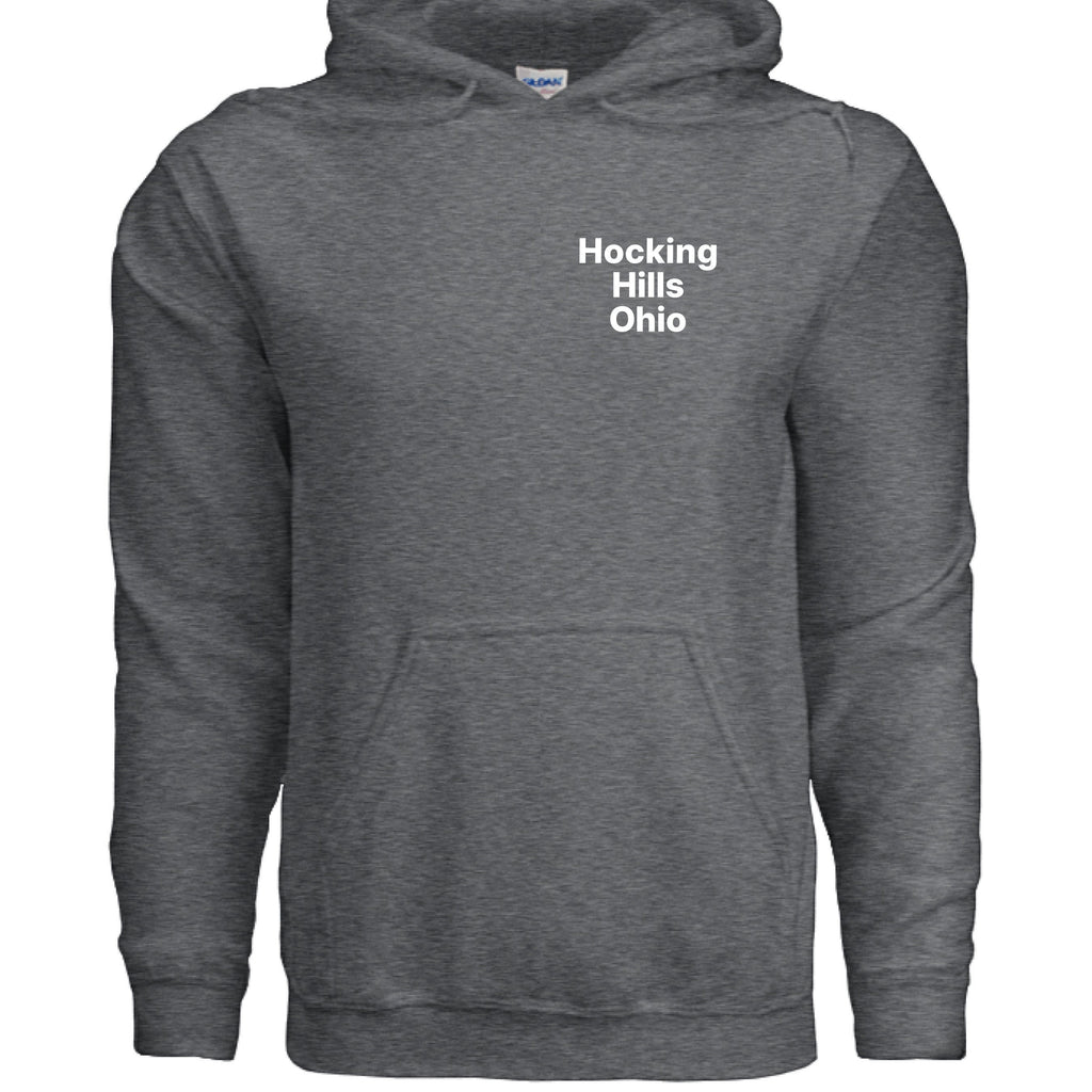The Hocking Hills Store Official Bigfoot Search Team Hoodie in charcoal grey, made from a cotton-polyester blend with a pouch pocket and drawstring hood.