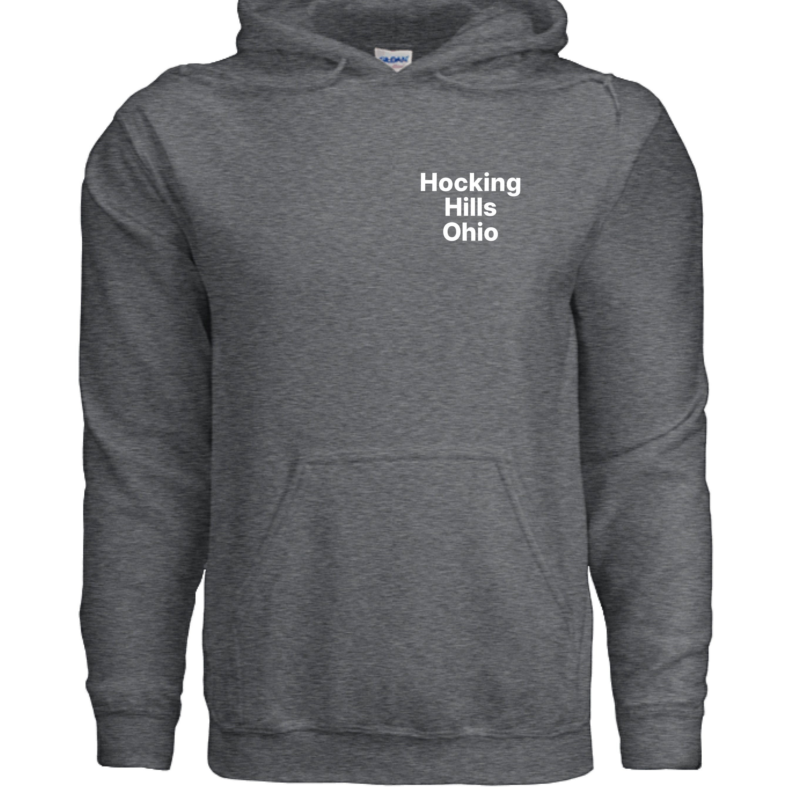 The Hocking Hills Store Official Bigfoot Search Team Hoodie in charcoal grey, made from a cotton-polyester blend with a pouch pocket and drawstring hood.