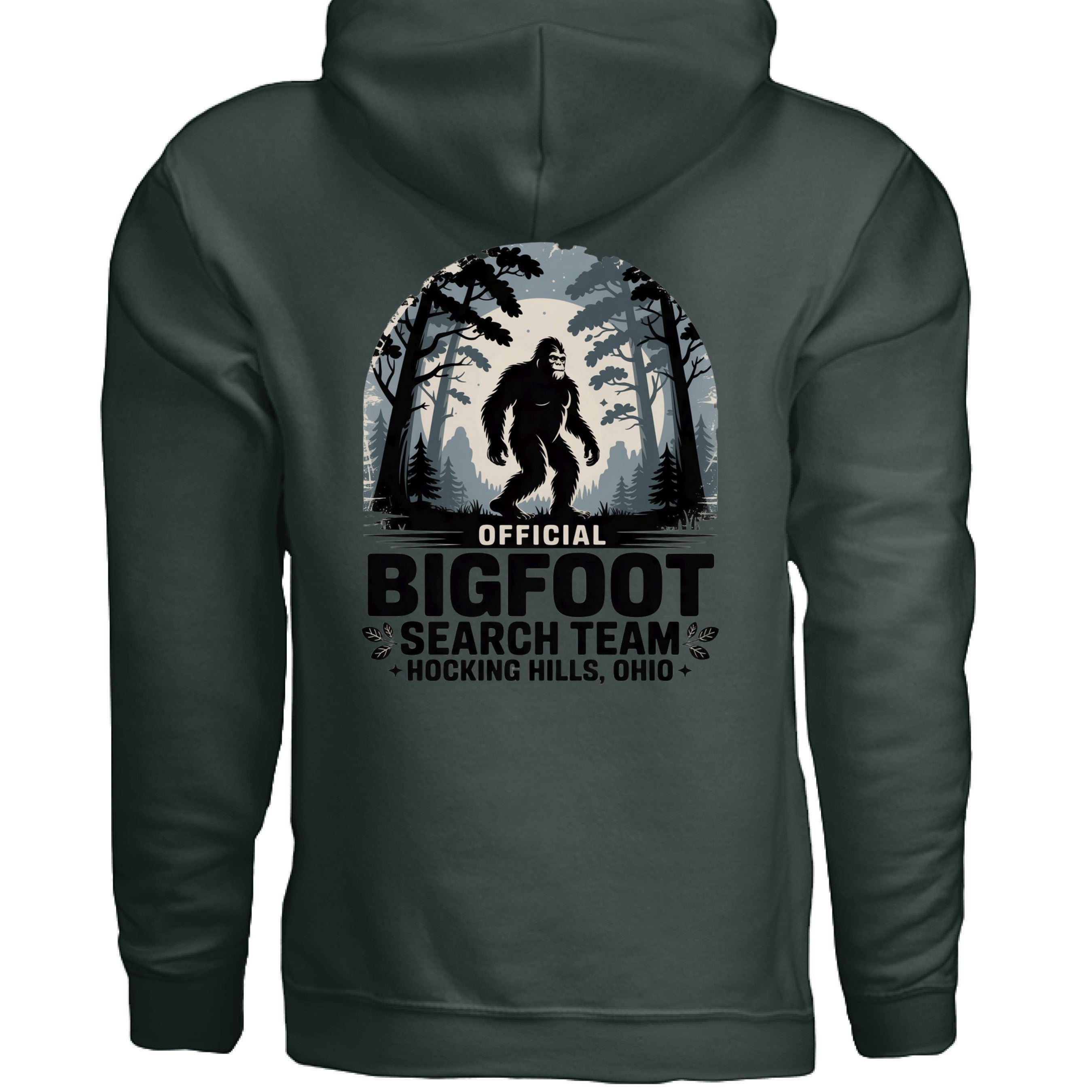 The Hocking Hills Store Official Bigfoot Search Team dark grey cotton-blend hoodie with Bigfoot graphic and text.