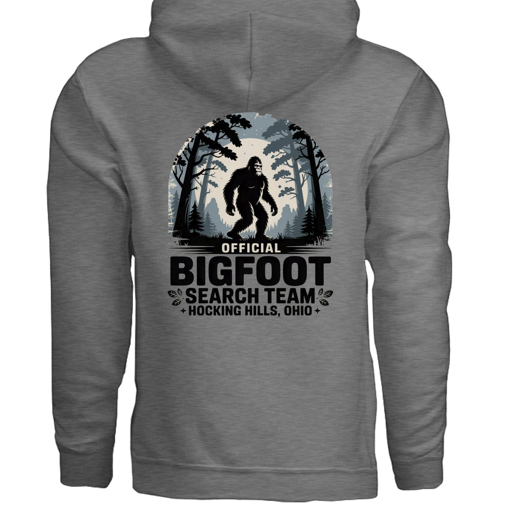 The Hocking Hills Store Official Bigfoot Search Team grey cotton-polyester blend hoodie with Bigfoot graphic.