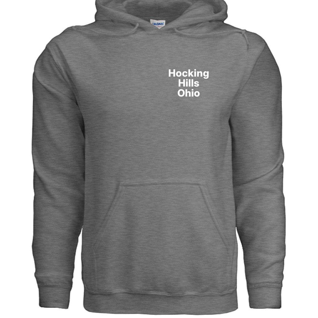 The Hocking Hills Store Official Bigfoot Search Team grey cotton-blend hoodie with pouch pocket and drawstring hood.