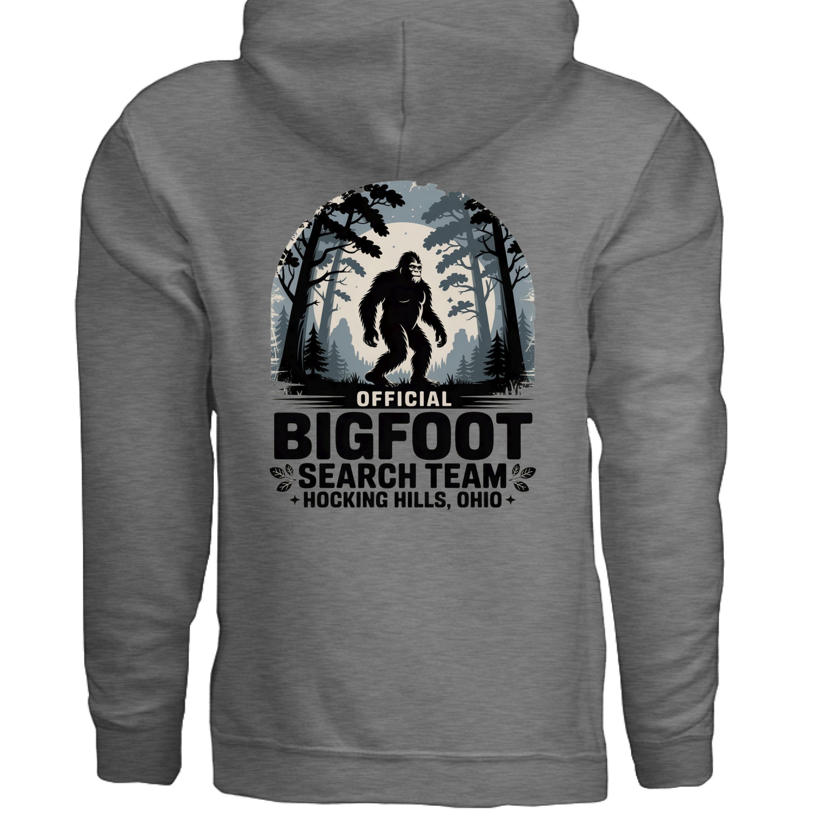The Hocking Hills Store Official Bigfoot Search Team grey cotton-blend hoodie with Bigfoot graphic and forest scene.