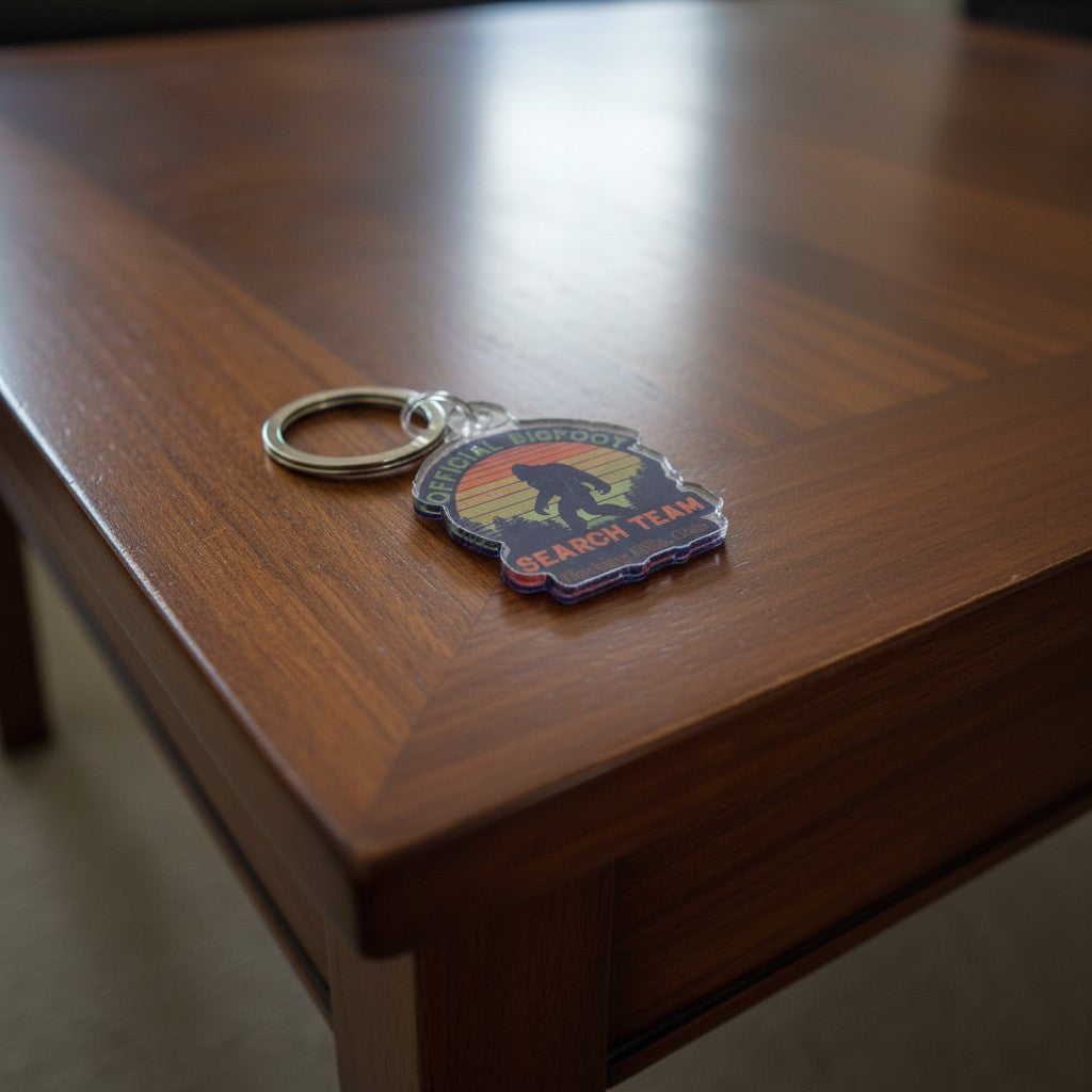The Hocking Hills Store Official Bigfoot Search Team keychain features a silhouette of Bigfoot against a sunset mountain landscape.