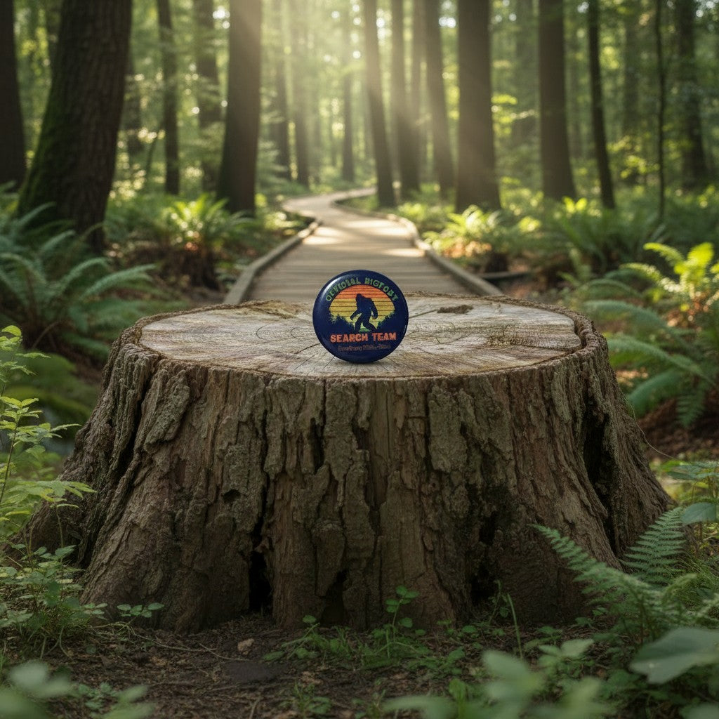 The Hocking Hills Store Official Bigfoot Search Team pin features a silhouette of Bigfoot against a sunset. Round, collectible accessory.