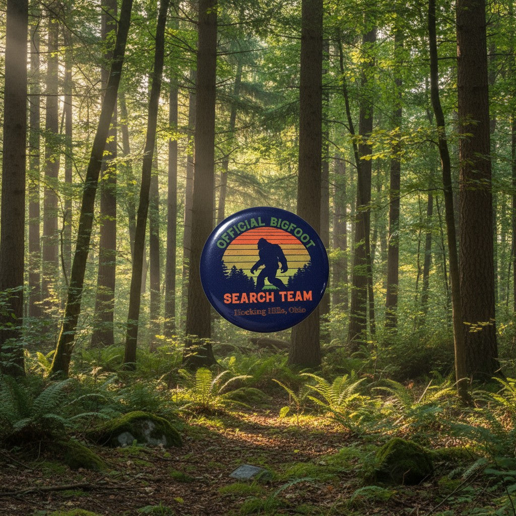 The Hocking Hills Store Official Bigfoot Search Team pin features a silhouette of Bigfoot against a sunset with trees and text.