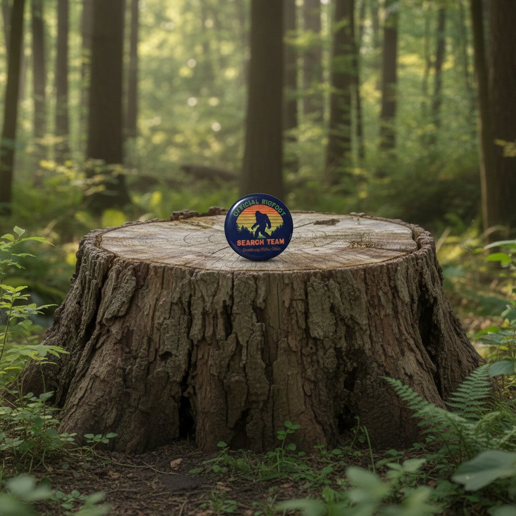 The Hocking Hills Store Official Bigfoot Search Team pin features a silhouette of Bigfoot against a sunset. Round, collectible accessory.