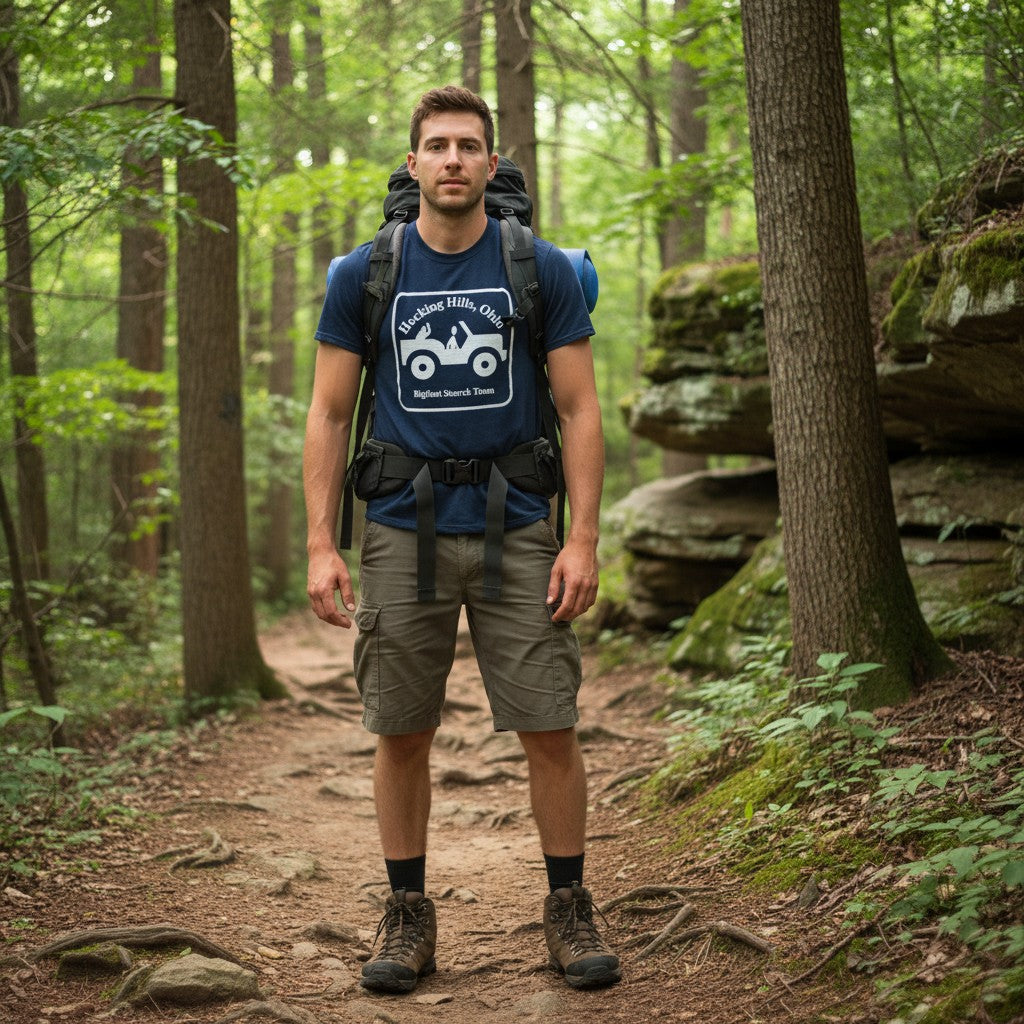 The Hocking Hills Store Bigfoot Search Team navy blue t-shirt with white graphic of a jeep and text.