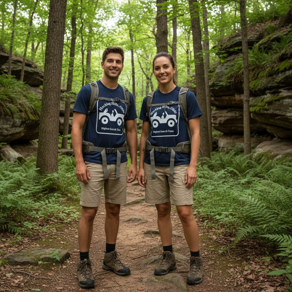 The Hocking Hills Store navy blue Bigfoot Search Team t-shirt with white graphic of a jeep and text.