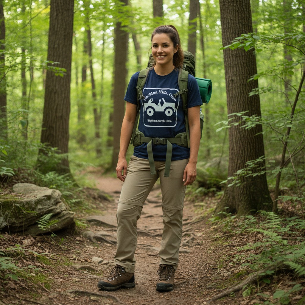 The Hocking Hills Store Bigfoot Search Team navy blue t-shirt with white graphic of a jeep and text.