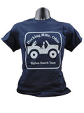 The Hocking Hills Store Bigfoot Search Team navy blue t-shirt with white graphic of a jeep and text.