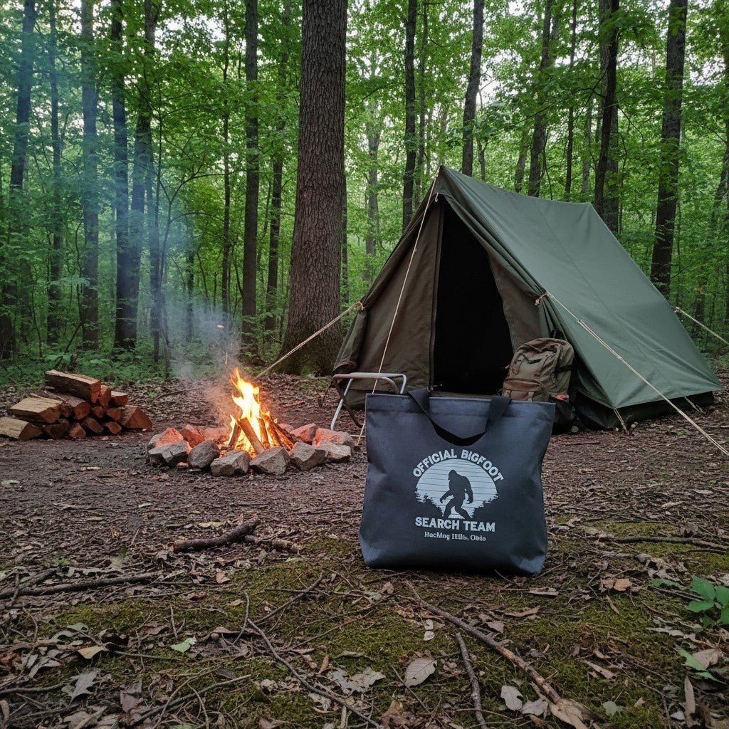 The Hocking Hills Store Official Bigfoot Search Team tote bag is grey with black handles and features a graphic of Bigfoot with the text "Official Bigfoot Search Team Hocking Hills, Ohio."