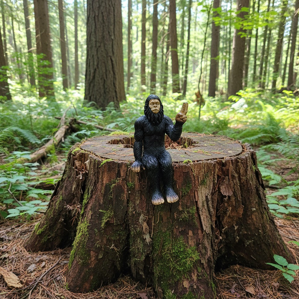 The Hocking Hills Store Bigfoot shelf sitting statue is a black, metal figurine with a gold face, sitting on a wooden surface.