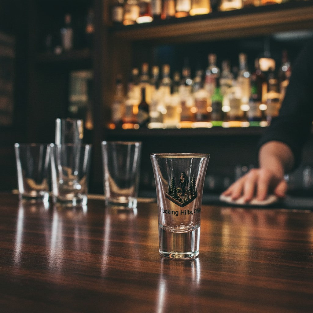 The Hocking Hills Store Bigfoot shot glass with a forest scene and Bigfoot graphic. Text reads Hocking Hills, Ohio.