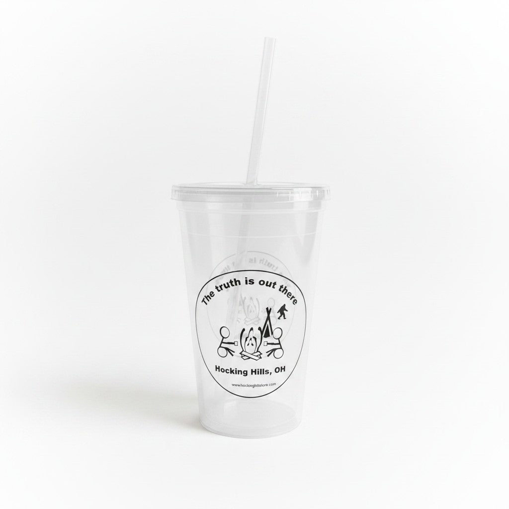 The Hocking Hills Store Bigfoot 'The Truth is Out There' sipper cup with lid and straw. Clear plastic.