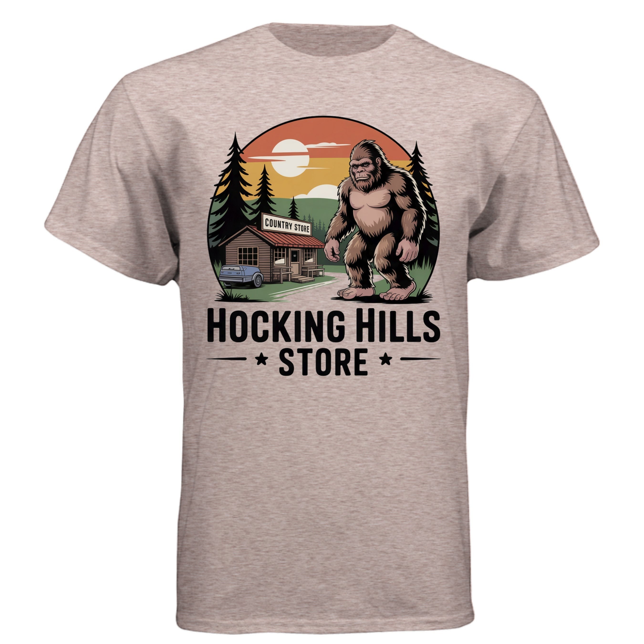 The Hocking Hills Store Bigfoot T-Shirt with a graphic of Bigfoot standing outside a country store at sunset.