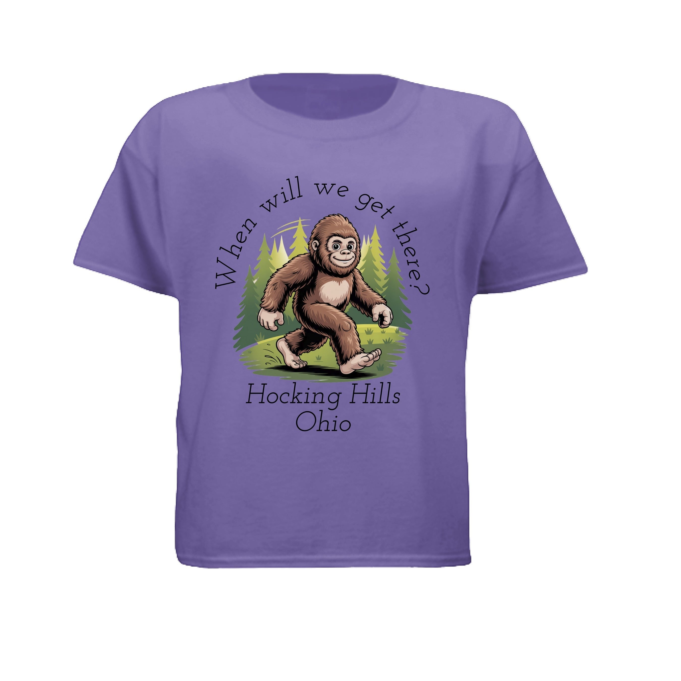 The Hocking Hills Store kids Bigfoot t-shirt in purple, featuring a graphic of Bigfoot walking through trees with the text "When Will We Get There?" and "Hocking Hills Ohio."