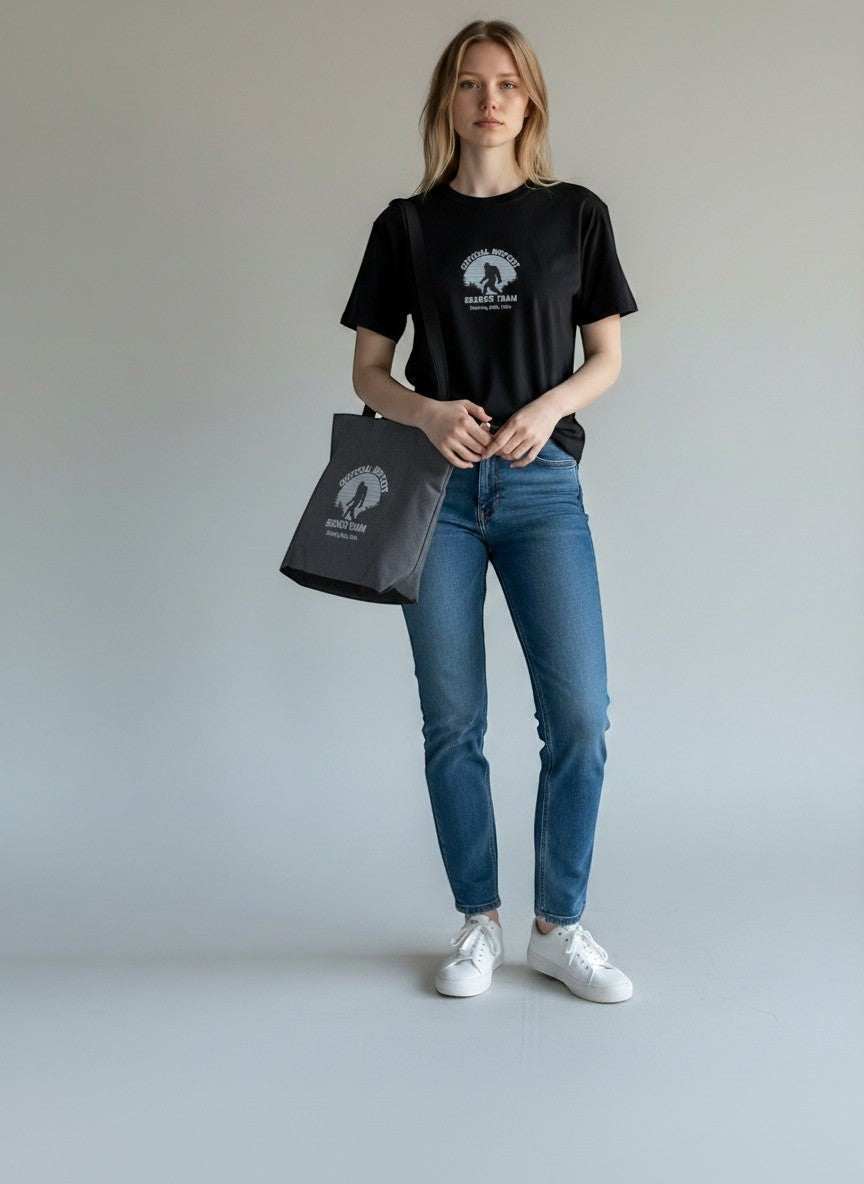 The Hocking Hills Store Official Bigfoot Search Team tote bag in charcoal grey with Bigfoot graphic and text.