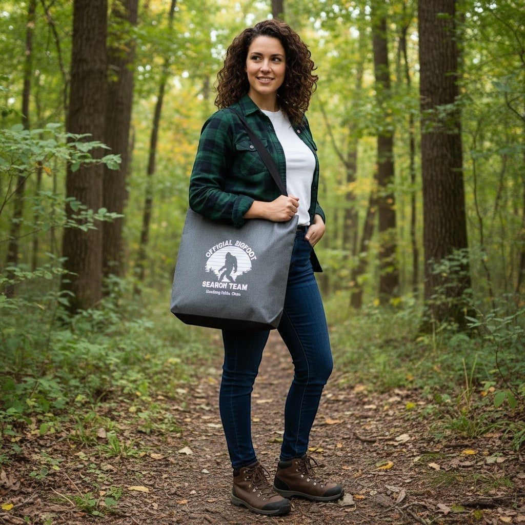 The Hocking Hills Store Official Bigfoot Search Team tote bag in grey with black handles. Features a Bigfoot silhouette graphic and text.