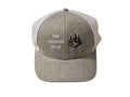 The Hocking Hills Store grey trucker hat with white mesh back, embroidered with "The Hocking Hills" and a Bigfoot graphic.