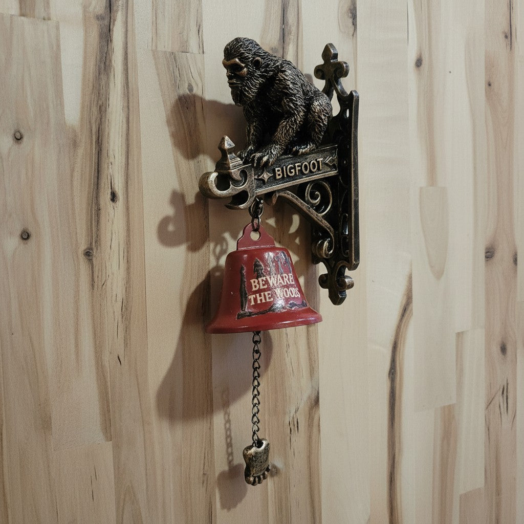 The Hocking Hills Store Bigfoot wall art and bell features a metal Bigfoot figure and a red bell with "Beware the Woods" text. Includes a Bigfoot foot pull.