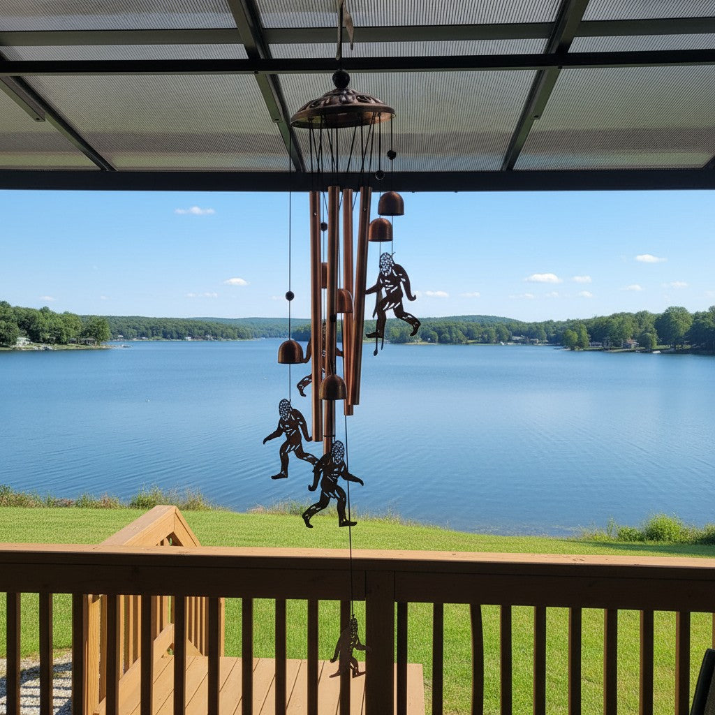 The Hocking Hills Store Bigfoot wind chimes are made of durable metal with copper-colored tubes and Bigfoot cutouts.