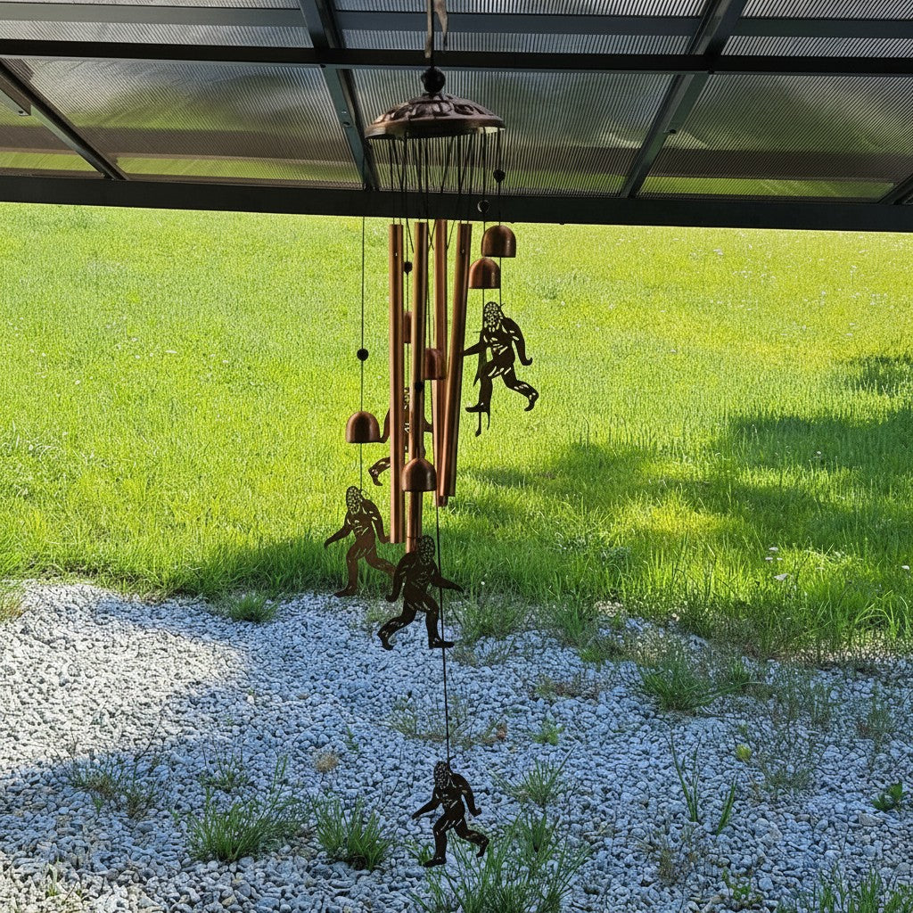 The Hocking Hills Store Bigfoot wind chimes are made of durable metal with copper-colored tubes and Bigfoot silhouettes.
