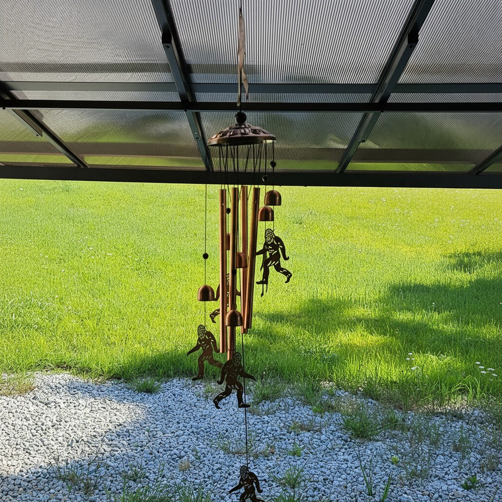 The Hocking Hills Store Bigfoot wind chimes made of metal with copper-colored tubes and Bigfoot silhouettes.