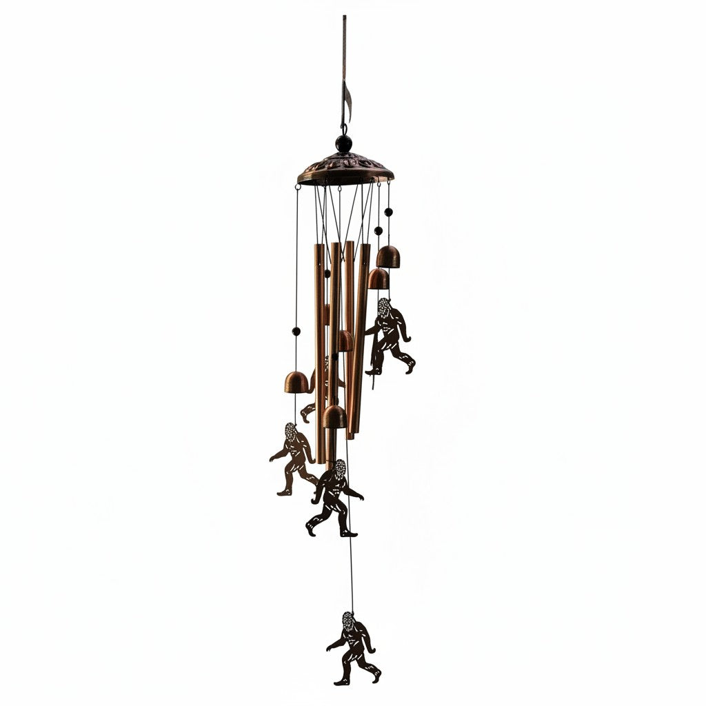 The Hocking Hills Store Bigfoot wind chimes are made of metal with copper-colored tubes and Bigfoot silhouettes.