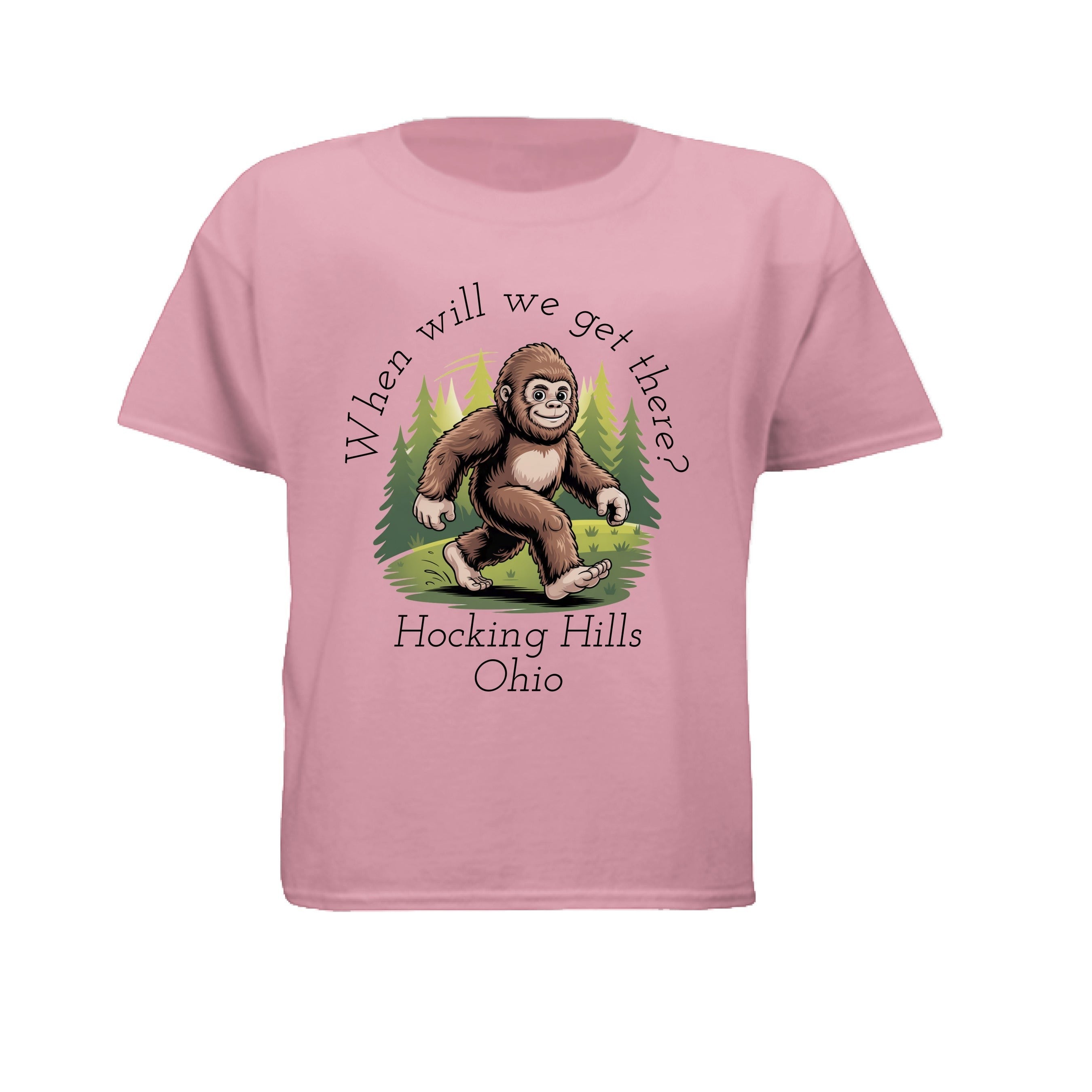The Hocking Hills Store pink youth t-shirt with a Bigfoot graphic and "When Will We Get There?" text.