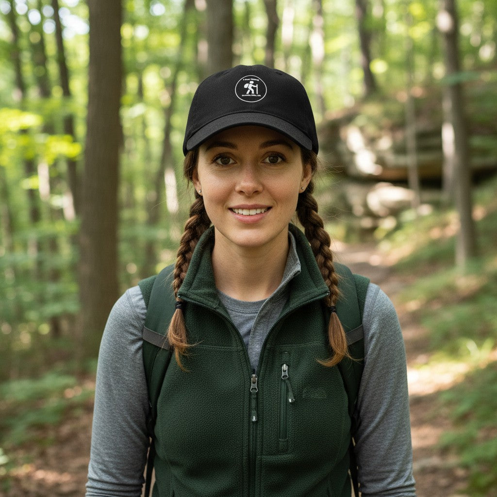 The Hocking Hills Store black lightweight baseball cap with a white circular logo featuring a hiker and the text "I love Hiking, Hocking Hills, OH".