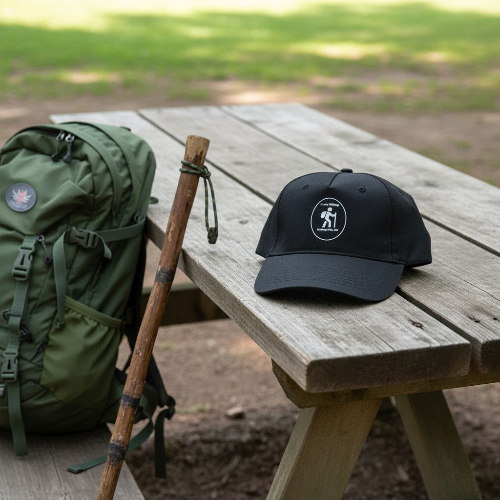 The Hocking Hills Store black lightweight hiking hat with a white circular logo featuring a hiker and text.