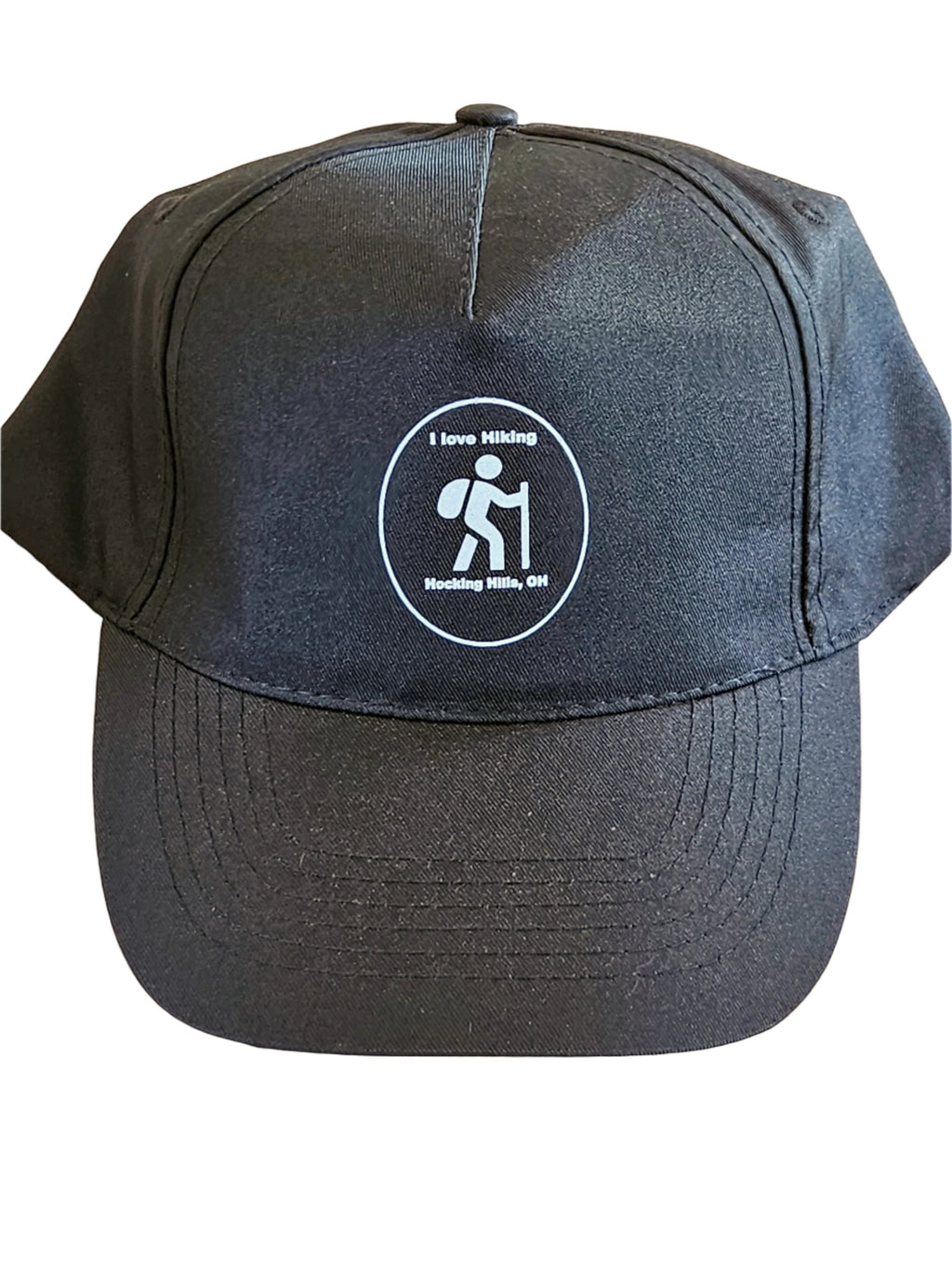 The Hocking Hills Store black lightweight hiking hat with "I love Hiking" graphic and hiker icon.