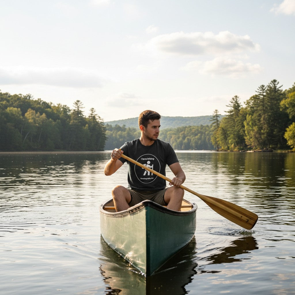 The Hocking Hills Store black cotton t-shirt with a white graphic of a hiker and text "I love hiking Hocking Hills, OH".