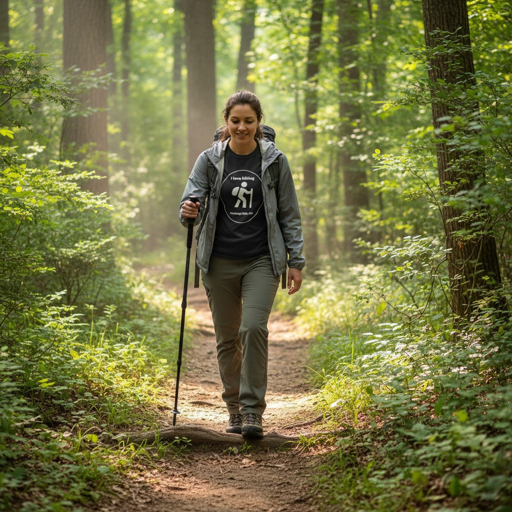 The Hocking Hills Store black cotton t-shirt with a white graphic of a hiker and text 'I love hiking Hocking Hills, OH'.