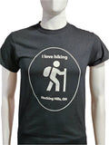 The Hocking Hills Store black cotton t-shirt with a white graphic of a hiker and text 'I love hiking Hocking Hills, OH'.