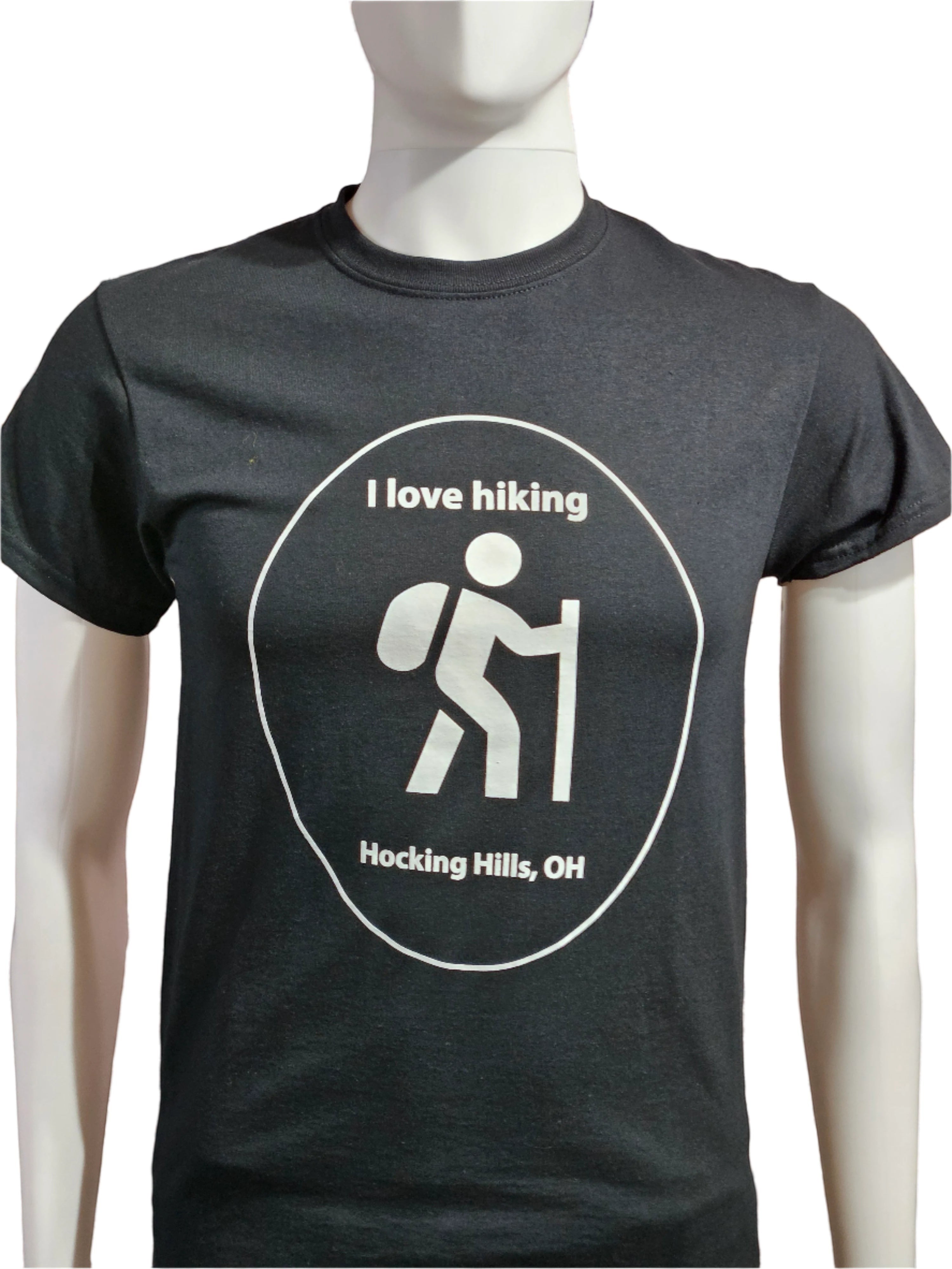 The Hocking Hills Store black cotton t-shirt with a white graphic of a hiker and text 'I love hiking Hocking Hills, OH'.