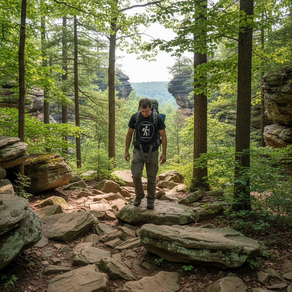 The Hocking Hills Store black cotton t-shirt with white 'I love hiking Hocking Hills, OH' graphic.