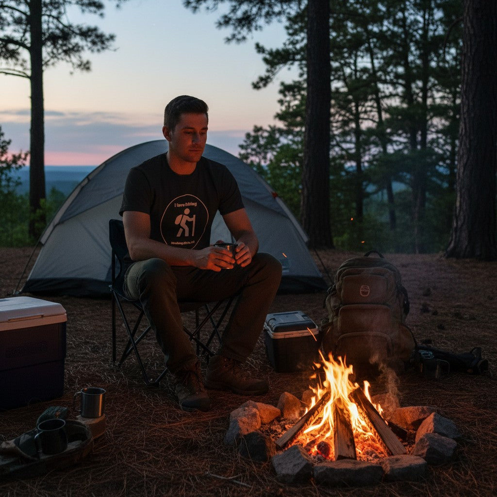 The Hocking Hills Store black cotton t-shirt with white 'I Love Hiking Hocking Hills, OH' graphic.