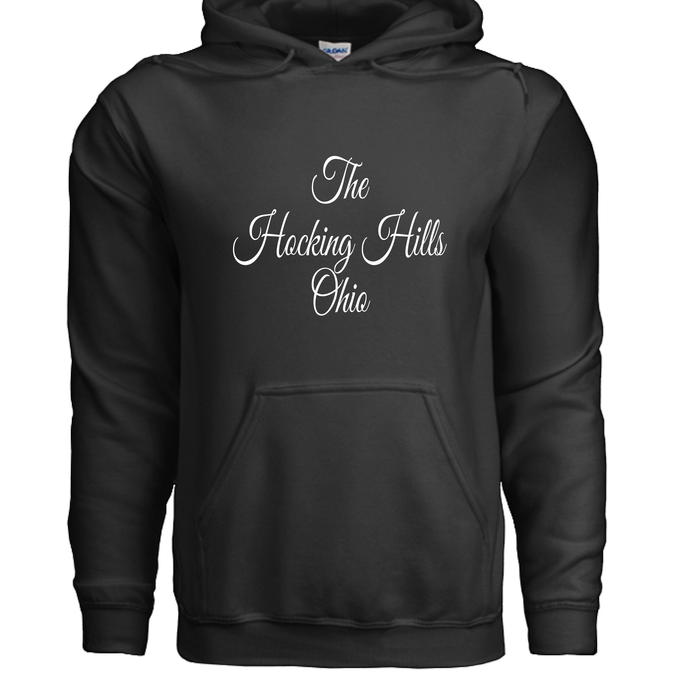 The Hocking Hills Store black cotton blend hoodie with white script text "The Hocking Hills Ohio" on the front.