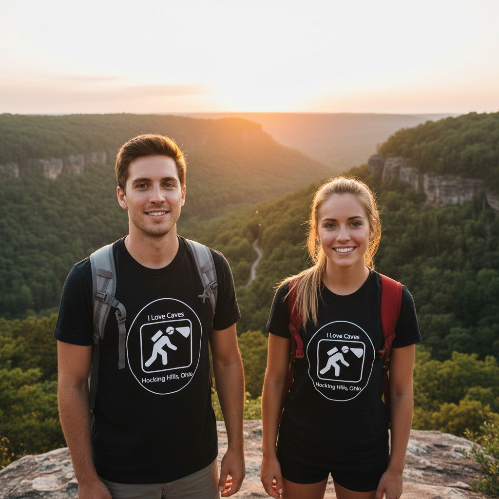 The Hocking Hills Store black cotton t-shirt with white graphic saying "I Love Caves" and a caver icon.
