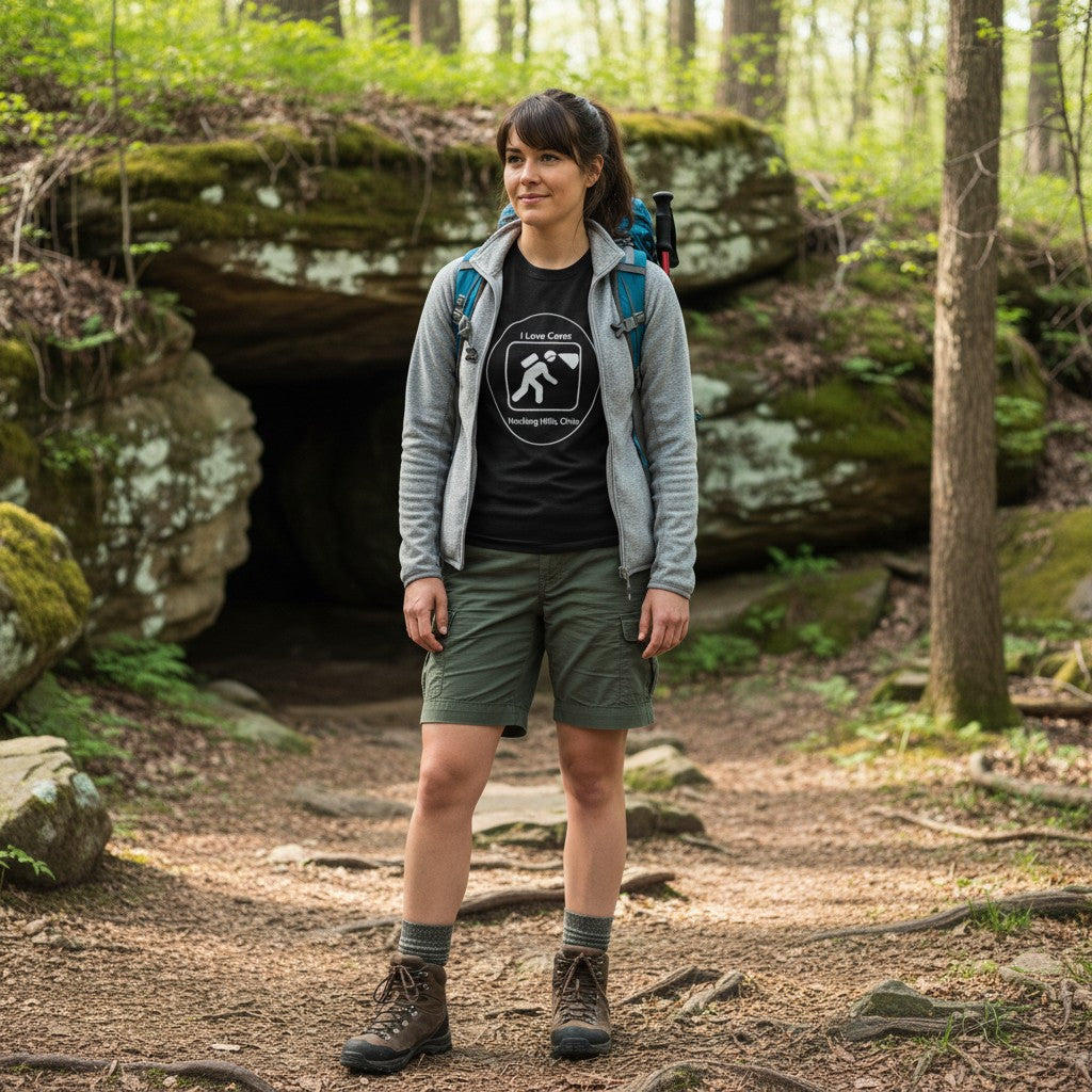 The Hocking Hills Store black cotton t-shirt with white graphic saying "I Love Caves" and a caver icon.