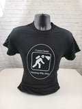 The Hocking Hills Store black cotton t-shirt with a white graphic of a caver exploring.