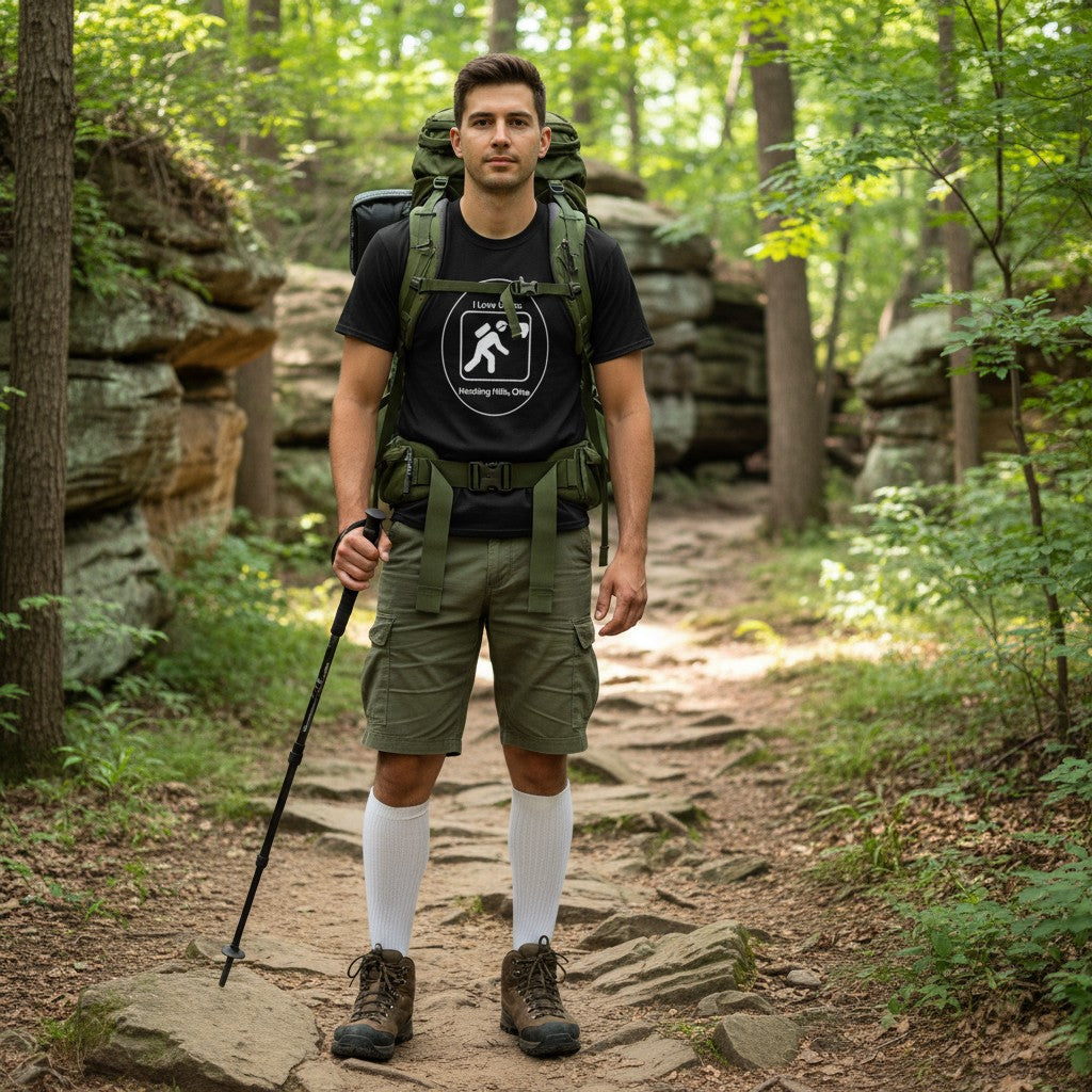 The Hocking Hills Store black cotton t-shirt with "I Love Caves Hocking Hills, Ohio" graphic.